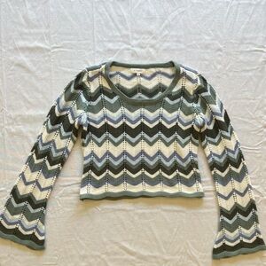 Chevron Knit Crop Sweater Bell Sleeves Costal Chic Boho